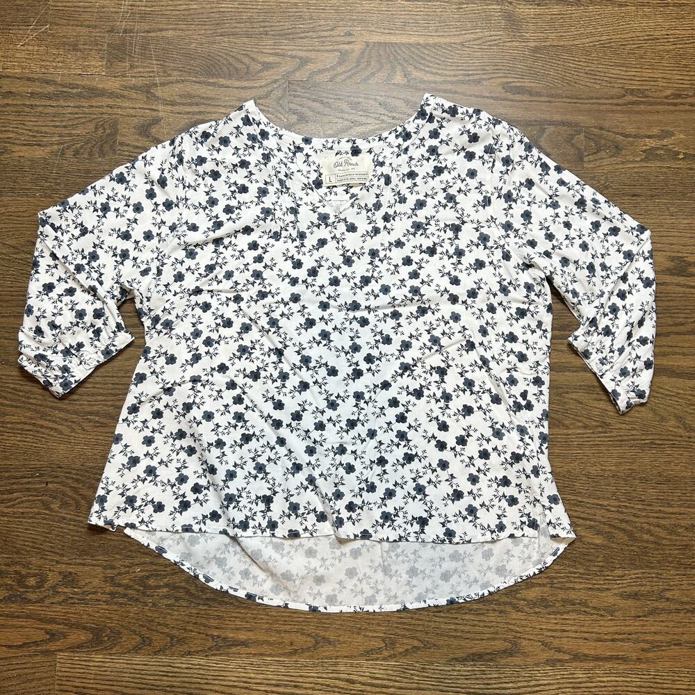 Old Ranch Womens Large Floral Split Neck Blouse White Navy Blue 3/4 Sleeve